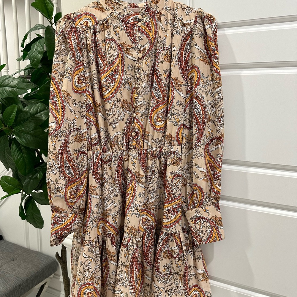 Aqua Long Sleeve Paisley Dress in Cream and Red